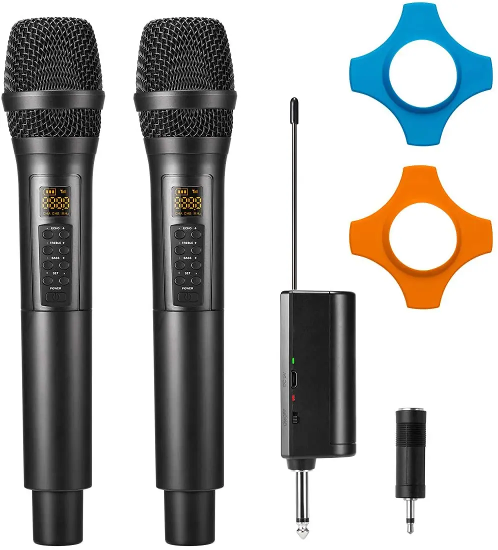 

UHF Wireless Microphone System with Echo/Treble/Bass/Receiver Adjustable Channels Long Range Wireless Distance MIC for Karaoke
