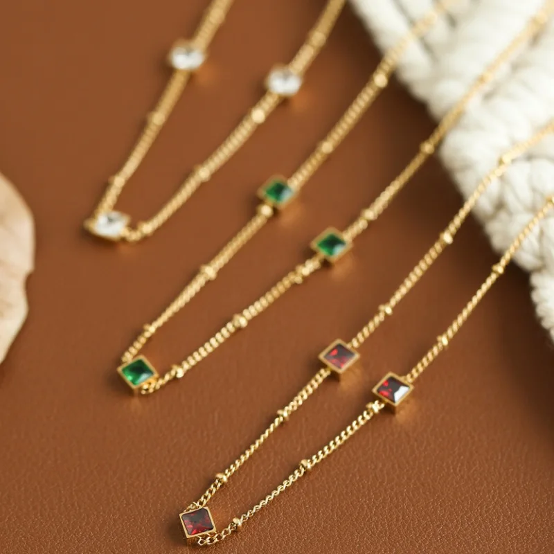 INS Simple Wholesale Stainless Steel Beads Chain Clear Zircon Clear Red Green Diamond Choker Necklace