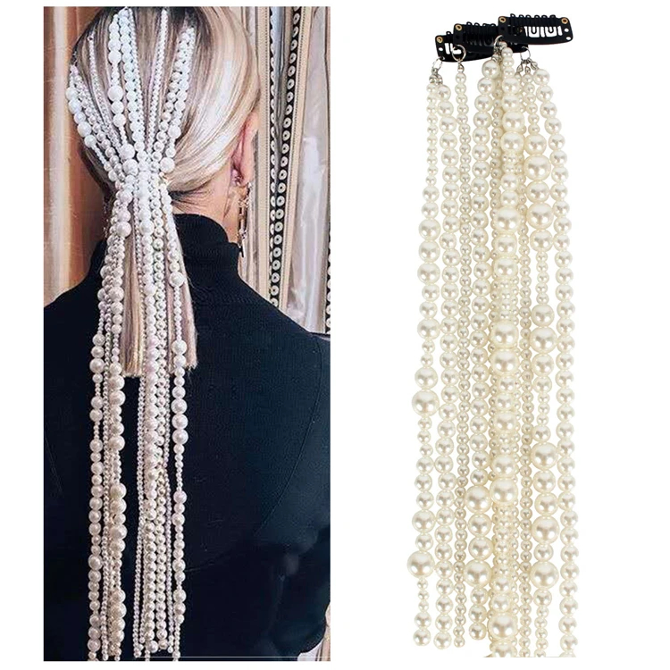 

Women Pearl Beaded Hair Chain Head Accessories Long Tassel Pearl Hair Chain