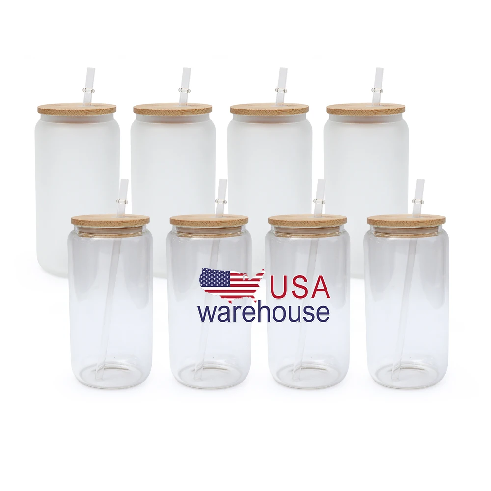 

Wholesale sublimation soda shaoped clear tumbler 16 oz frosted glass can with bamboo lid and straw us warehouse