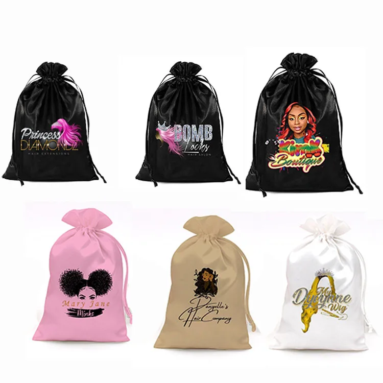 

Support custom logo wig packaging satin drawstring silk bag, Black/colorful
