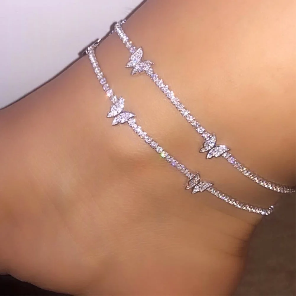 

INS Fashion Charm Beach Barefoot Jewelry Female Bling Iced Out Rhinestone Tennis Chain Ankle Bracelets Crystal Butterfly Anklet, Gold,silver color
