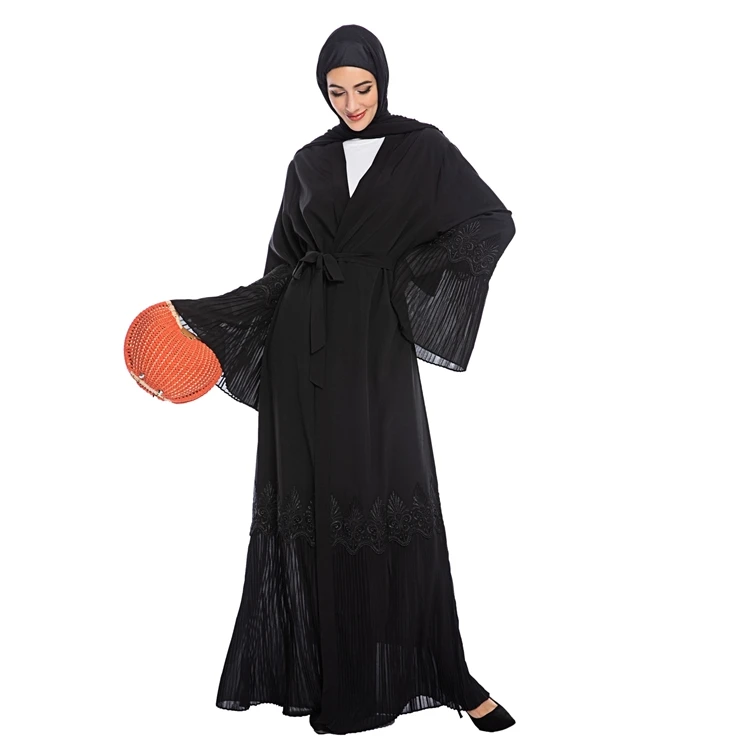 

Dubai Women Ladies Simple Plain Color Islamic Clothing Black Pleated Open Abaya Muslim Dress