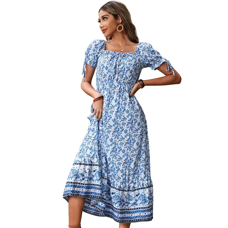 

New women's retro casual printed high waist strapless A-line dress elegant floral bohemian short-sleeved midi dress, Customized color