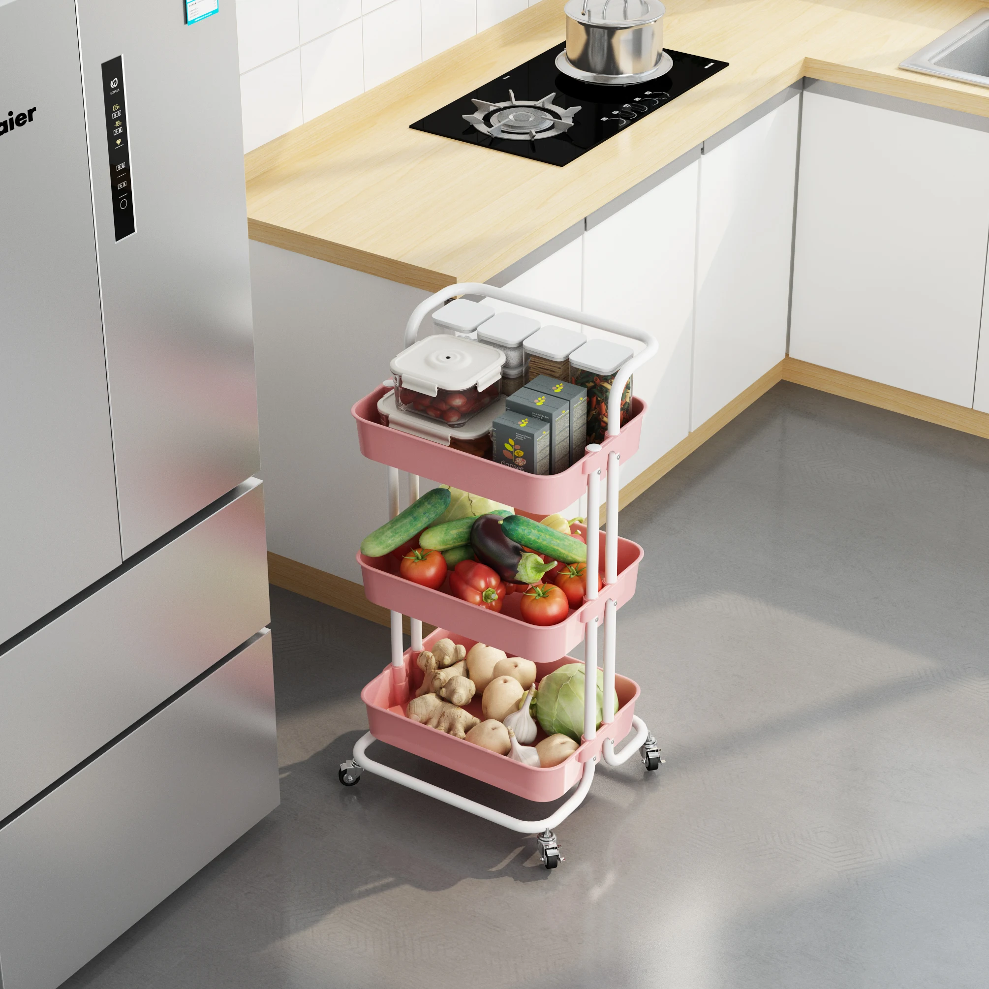 

Home Furniture Kitchen Red 3 Tiers Cart Trolley With Basket