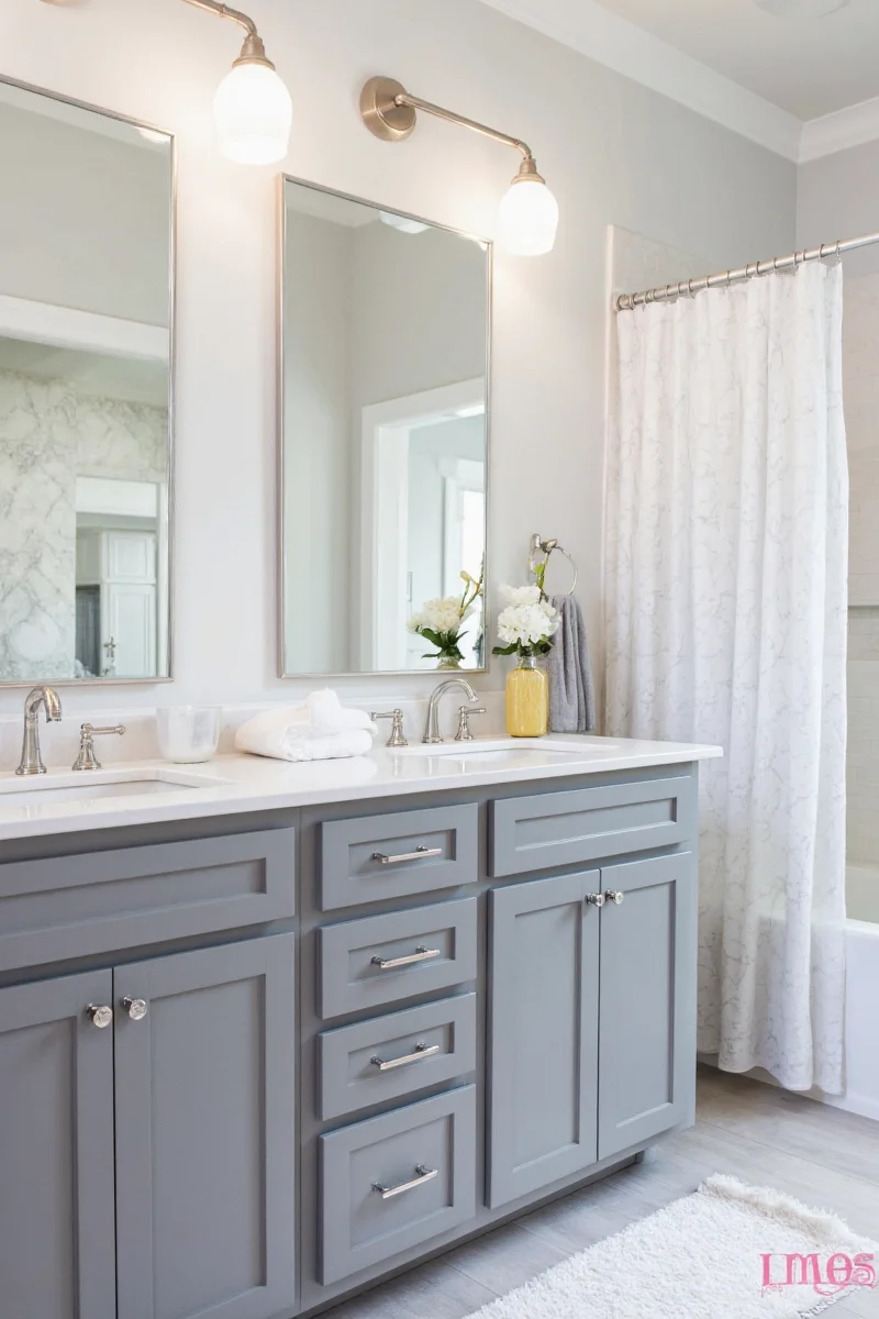 Gray vanity with wall protection