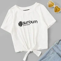 

Nice sunburn rib-knit letter print knot front comfortable soft women crop top cool fit white t-shirt good quality