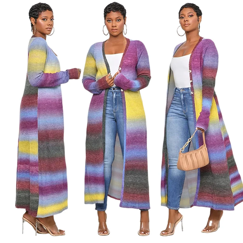 

2022 Newest Rainbow Printed Knitted Ribbed Long Duster Cardigan For Women