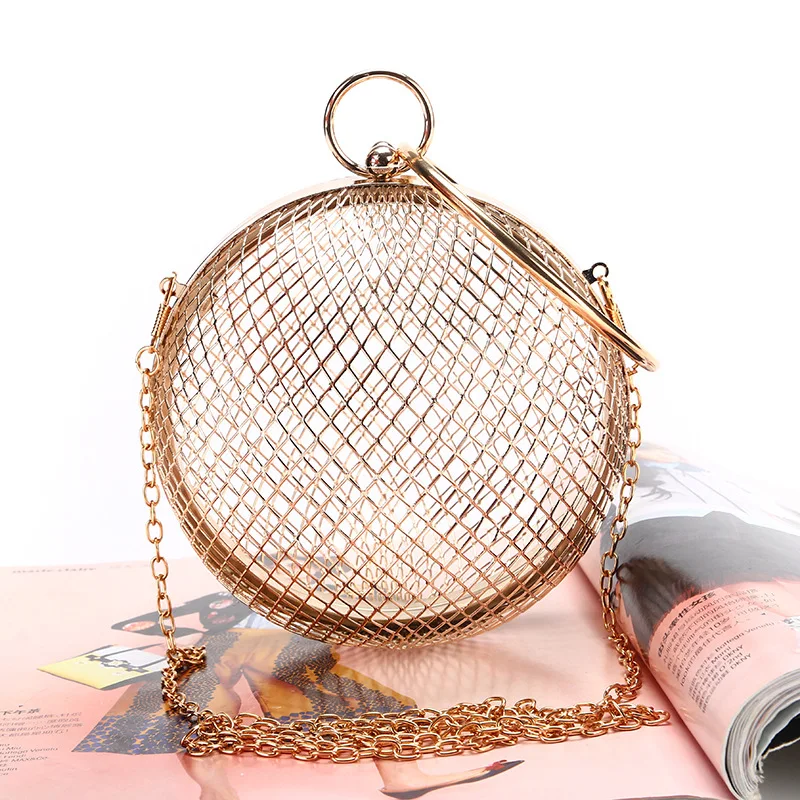 

Wedding Party clutch evening bag CrossBody Purse women shoulder bag gold Cages Round Hollow metal ball, Gold , silver , black