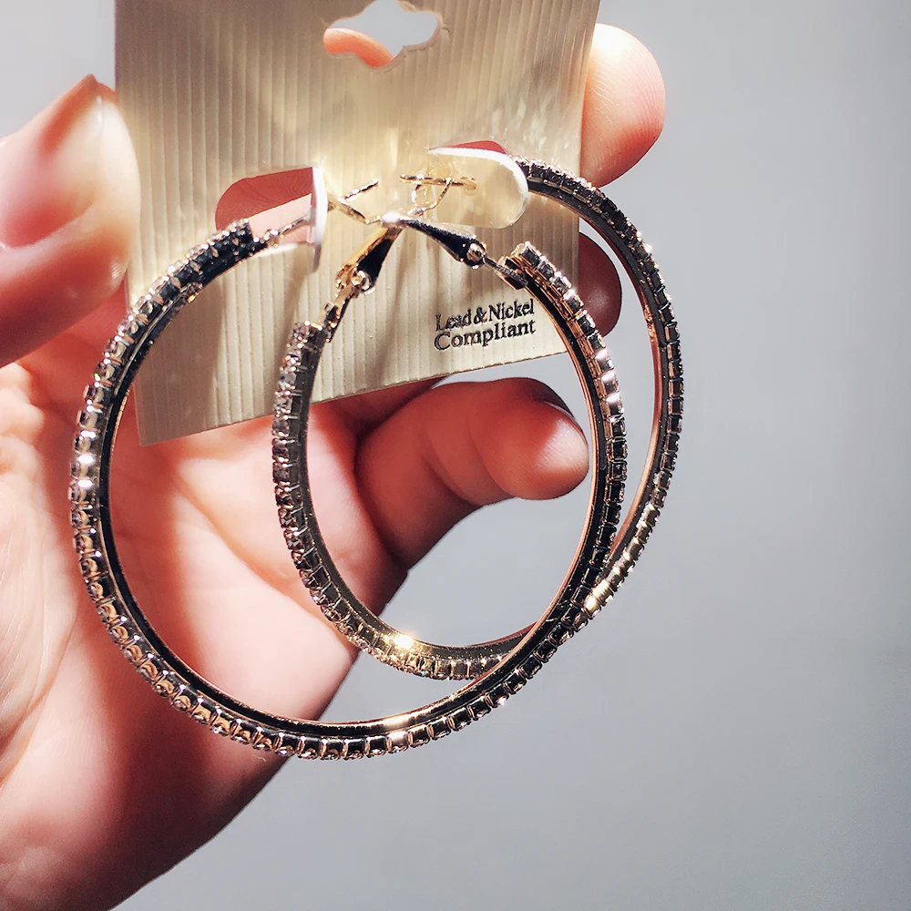 

Qianzuyin Earrings Hooks Platinum Plated Imported Rhinestone Fashion Big Round Earring