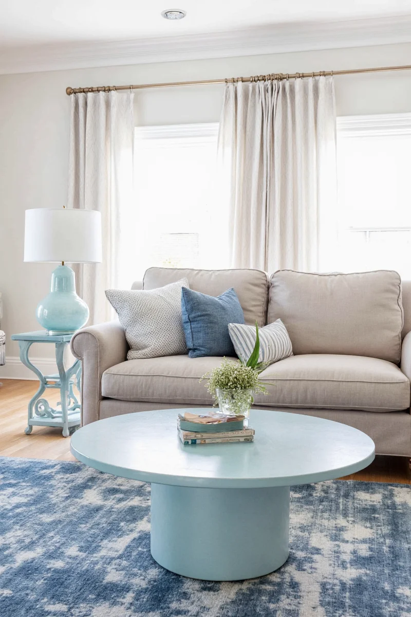 A cozy living room featuring a light blue coffee table surrounded by family members relaxing together.