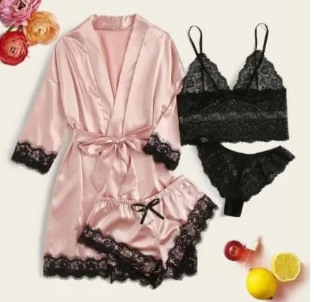 

YMX-0005 The Three-point Skirt With Shoulder-straps Women Long Sleeve Pajamas Home 4 Times Night Gown Lace Sleepwear Lingerie