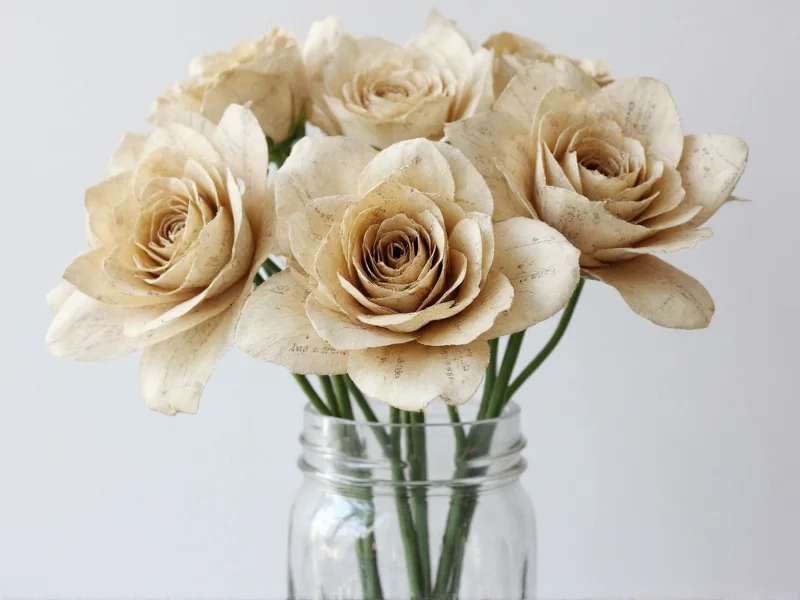 Realistic paper roses made from vintage book pages in a mason jar