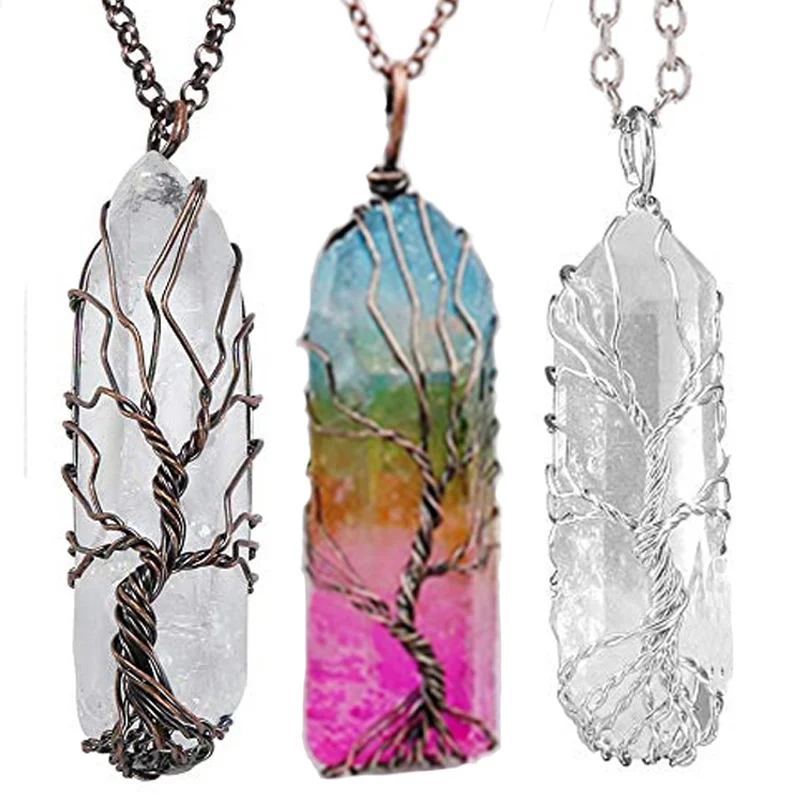 

Healing Crystal Necklace Chakra Natural Rainbow Stone Tree of Life Pendant Necklace Women Jewelry, As pic show