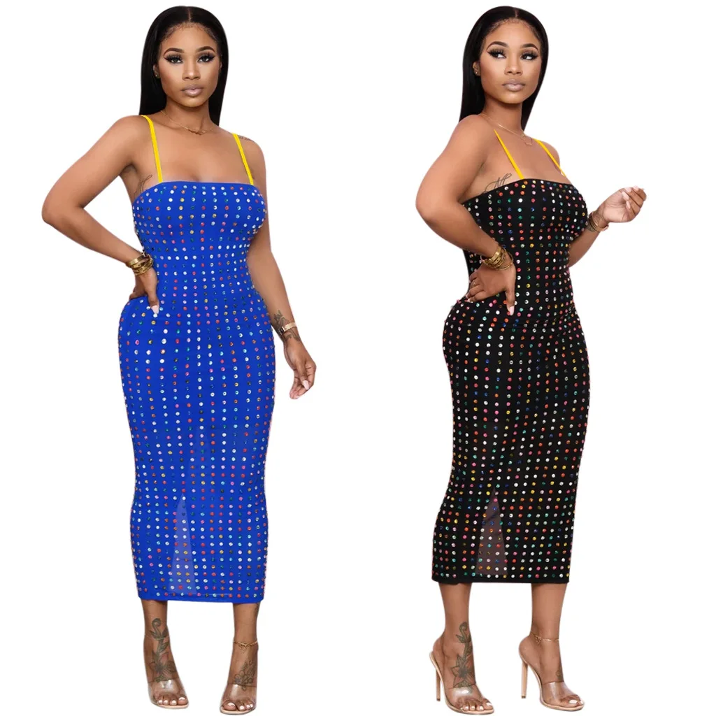 

MT80-220 Sexy Slim Sling Hot Rhinestone Split Dress