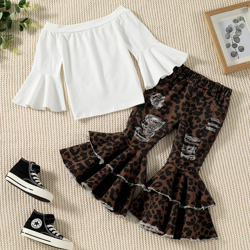 

New fashion 2Pcs girls clothing set flared sleeve off shoulder solid shirt + leopard flared jeans pants outfits for girls, Picture shows