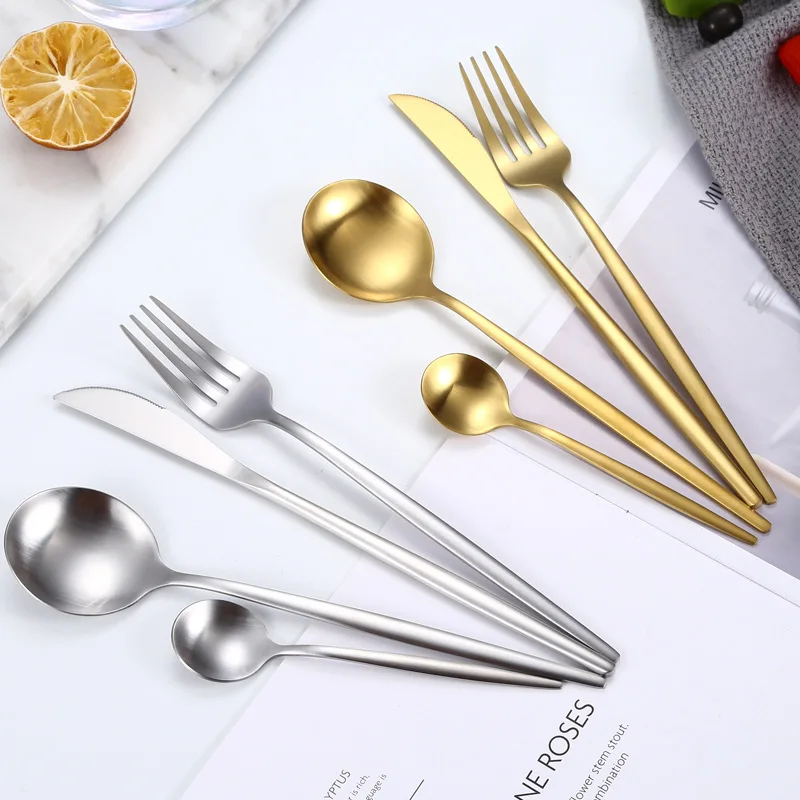 

Amazon Hot Sale Royal Portuguese Spoons Forks Knives Wedding Luxury Metal Matte Black Gold Flatware Stainless Steel Cutlery