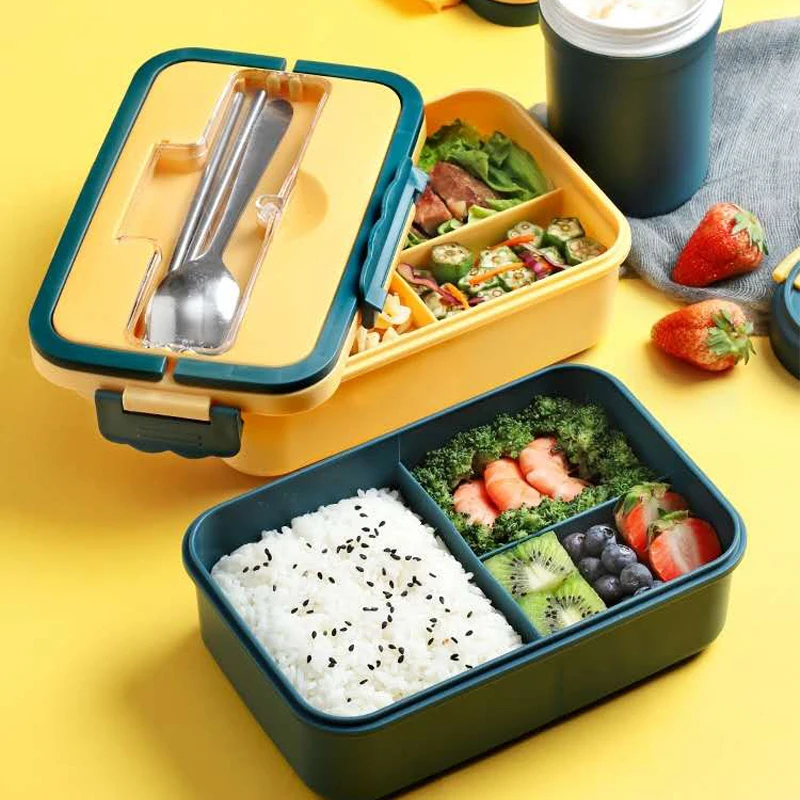 

Wheat Straw Compartment Sealed Microwave-heated Food Containers Kids Lunch Box School With Flatware, Pink/blue/yellow