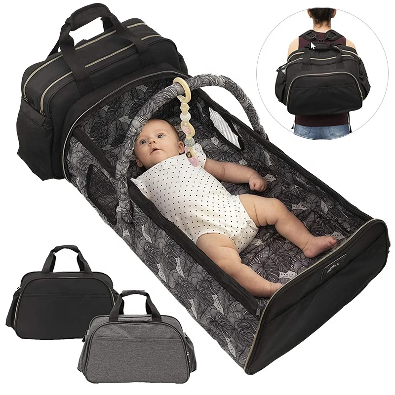 

New style foldable baby bed diaper bag multifunctional durable polyester travel mummy handbag with bed baby crib diaper bag, Black