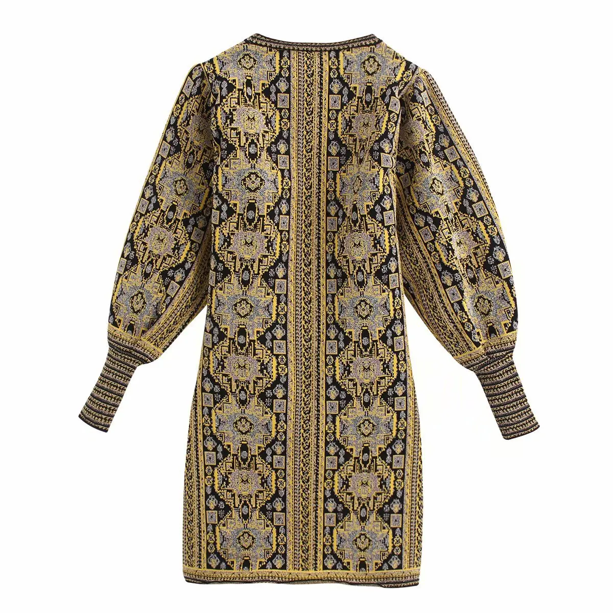 

New 2021 Women's Vintage Jacquard pattern o neck long sleeve knit dress ladies retro spring autumn sweater dresses vestido