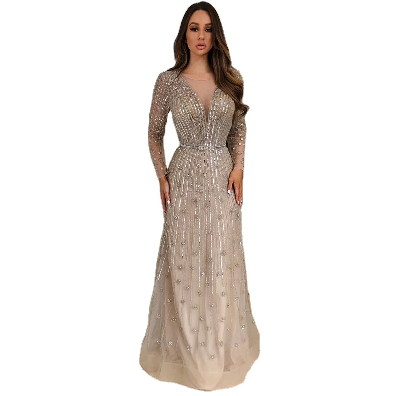 

Gold A Line Luxury Women Evening Dresses Muslim 2021 Serene Hill LA70674 Sparkle Beading Long Sleeves Formal Party Gowns