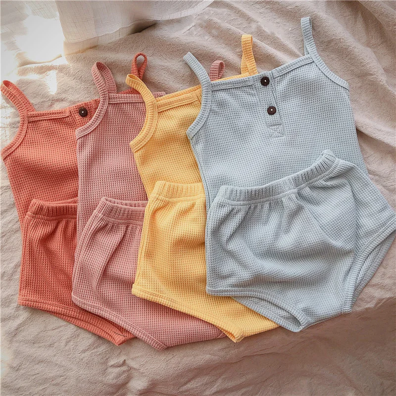 

Wholesale Summer infant toddlers clothing Solid Color Sleeveless Bloomer Cotton waffle sets Baby Boys Girls Clothes Outfits, Photo showed and customized color