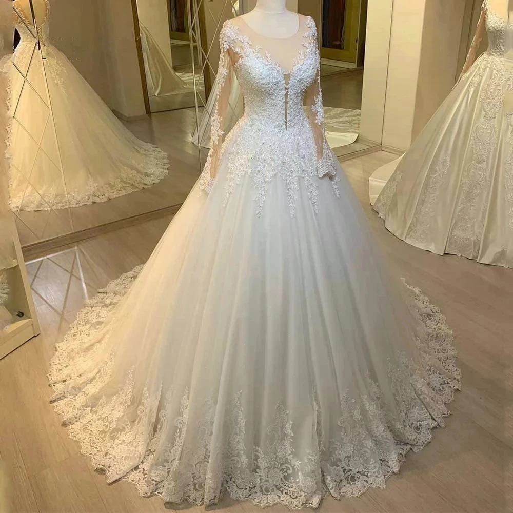 

ON411 Long Sleeves Ball Gown Wedding Dress 2022 Vestidos De Noiva Luxury Pearls Appliques Court Train Formal Bridal Gowns, Default or custom
