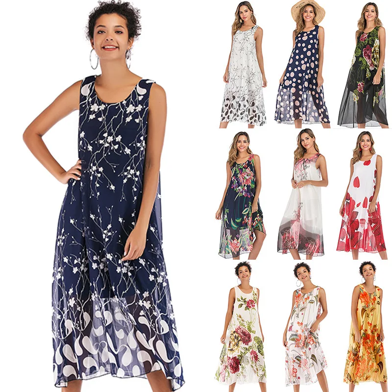 

Summer plus size ladies chiffon polka dot print round collar vest dress loose women fashion skirt casual clothes, Picture color