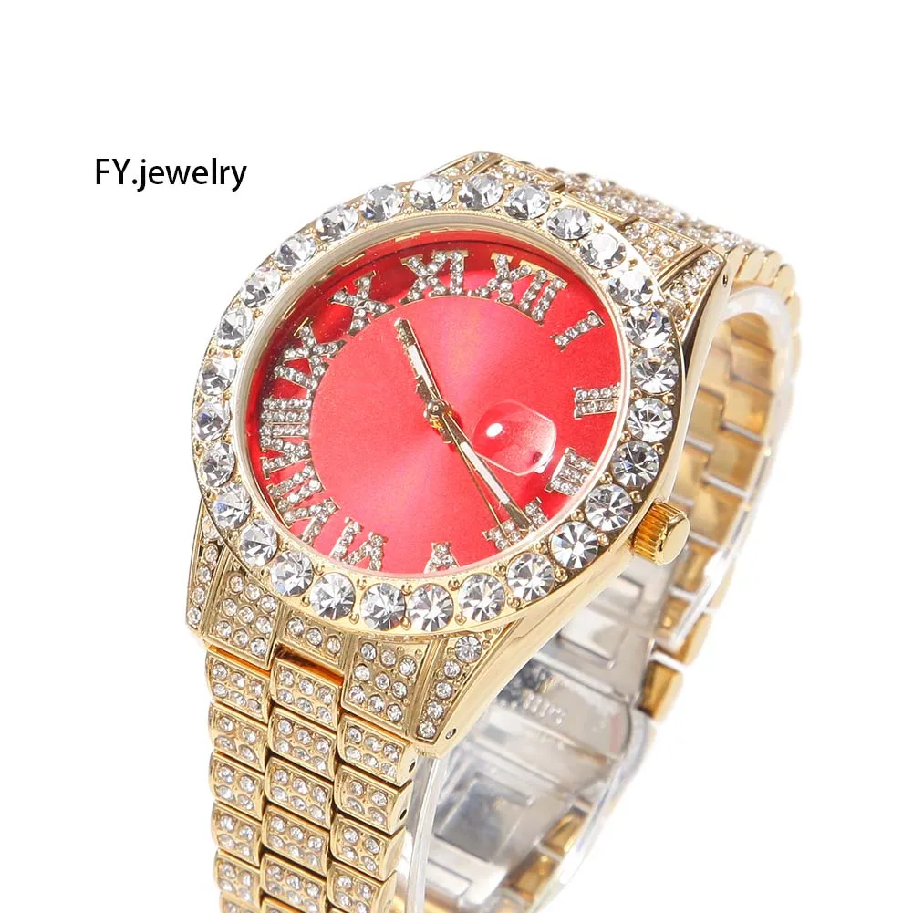 

2022 Iced Out Watch Green Red Color Watches Men Wrist Luxury Hip Hop Bling Bling Jewelry