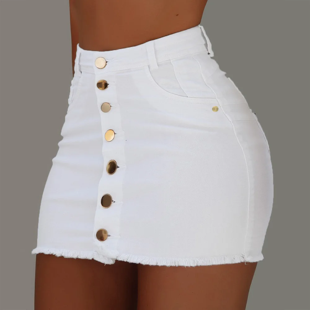 

Denim Skirt Women Fashion High Waist Button Mini Hip Jean Skirts Summer Tight Short Ladies Mini Skirt, White, black, army green