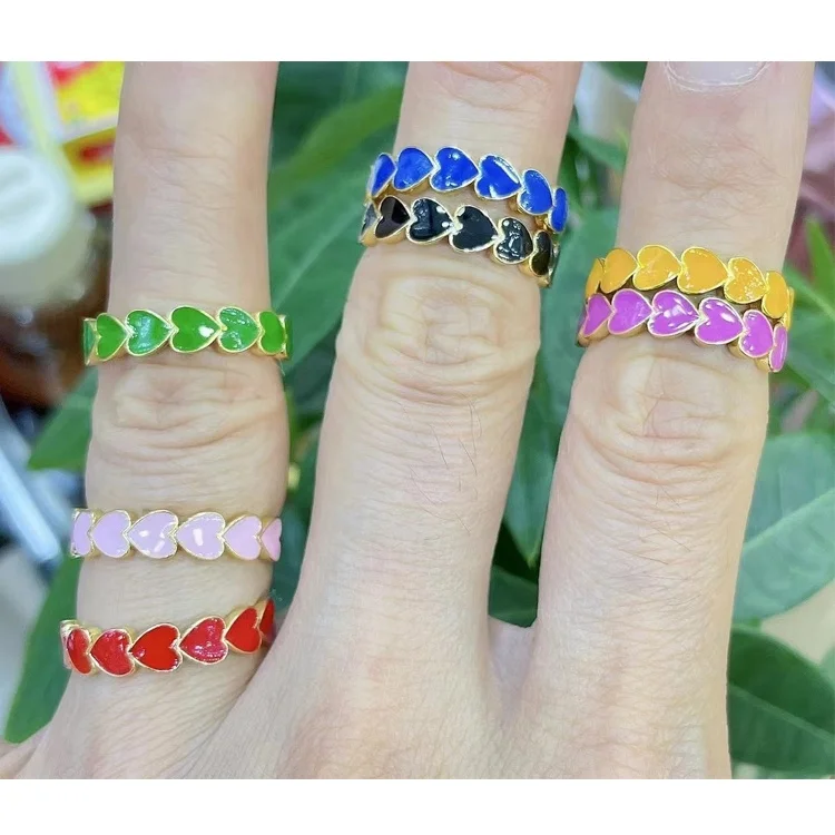 

Stackable Rainbow Heart Finger Enamel Rings for Women, Golden plated color