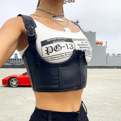 

CYX245 White Black Basic Punk Print Crop Tops Womens Tank Tops 2019 Summer Wild Casual Leather Camisole Mujer Stretch Slim Tees, Picture