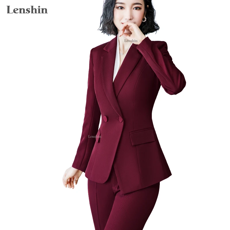 

2 Piece Set Simple Formal Pant Suit Blazer with Pockets Office Lady Designs Women Single Breasted Jacket and Pant, Black, burgundy, red