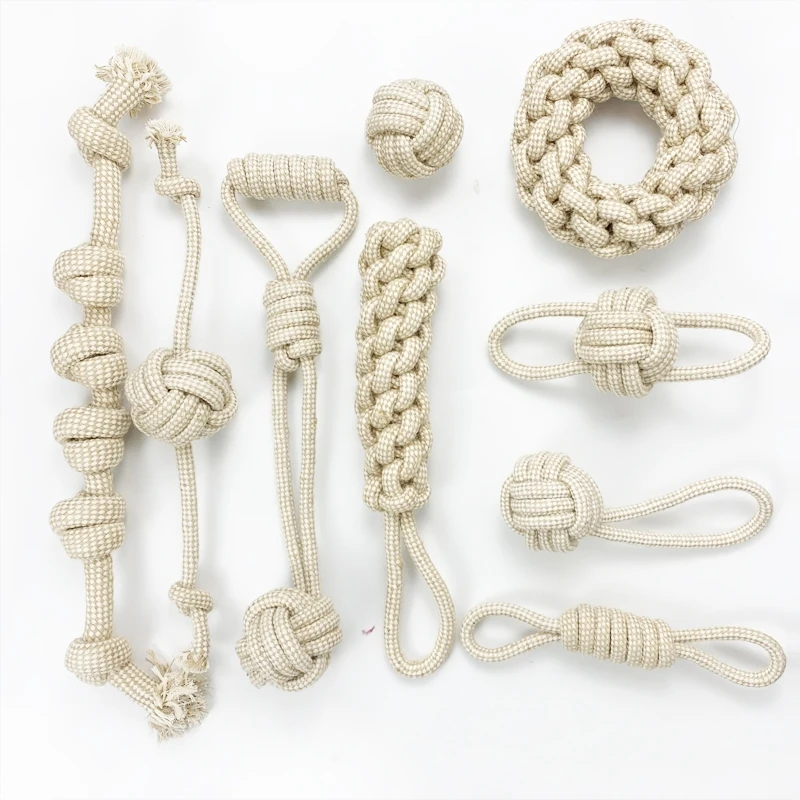 

High Quality Hemp Rope Knot Toys Molar Pet Toys Rope Ball Chew Play Bite Pet Dog Toy Set Teeth Cleaning Cotton Linen 9 Piece, Natural