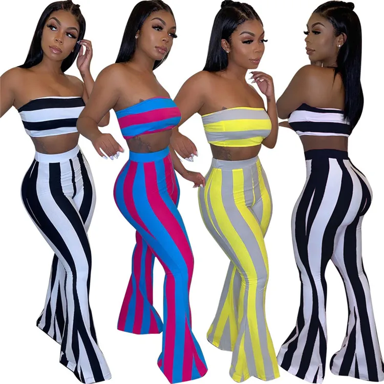 

Wholesale Hot Strapless Tube Crop Top High Waist Flared Pants Striped Women Clothing Two Piece Set, Black/white,red/blue,yellow/gray