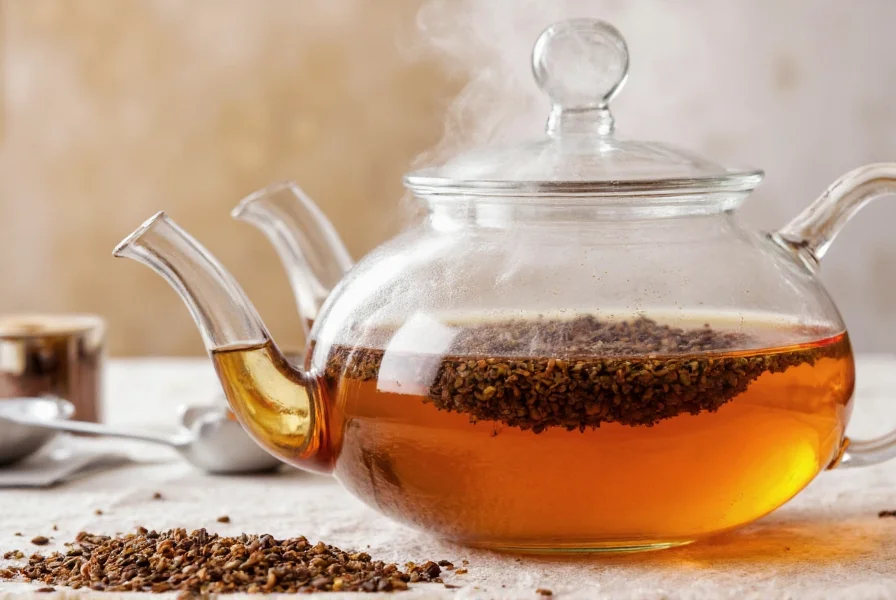 Anise tea preparation showing crushed seeds steeping in clear glass teapot with steam rising
