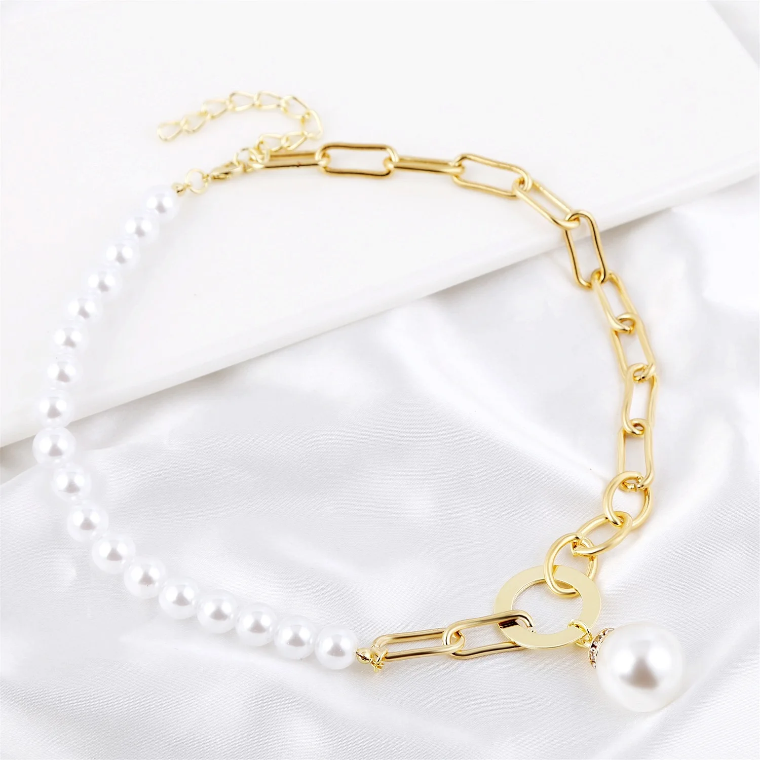 

half pearl half chain necklace floating Golden Choker beaded colorful 2 color Jewelry Necklace Link Chain Necklaces Wedding, Yellow gold