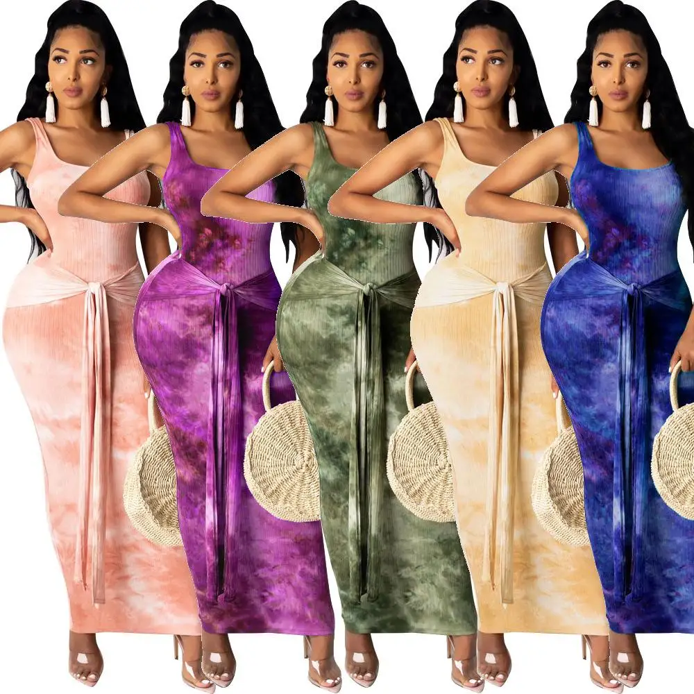 

Women Clothing Summer Sexy Casual Bodycon Tie Dye Print Spaghetti Strap Long Dresses With Belt