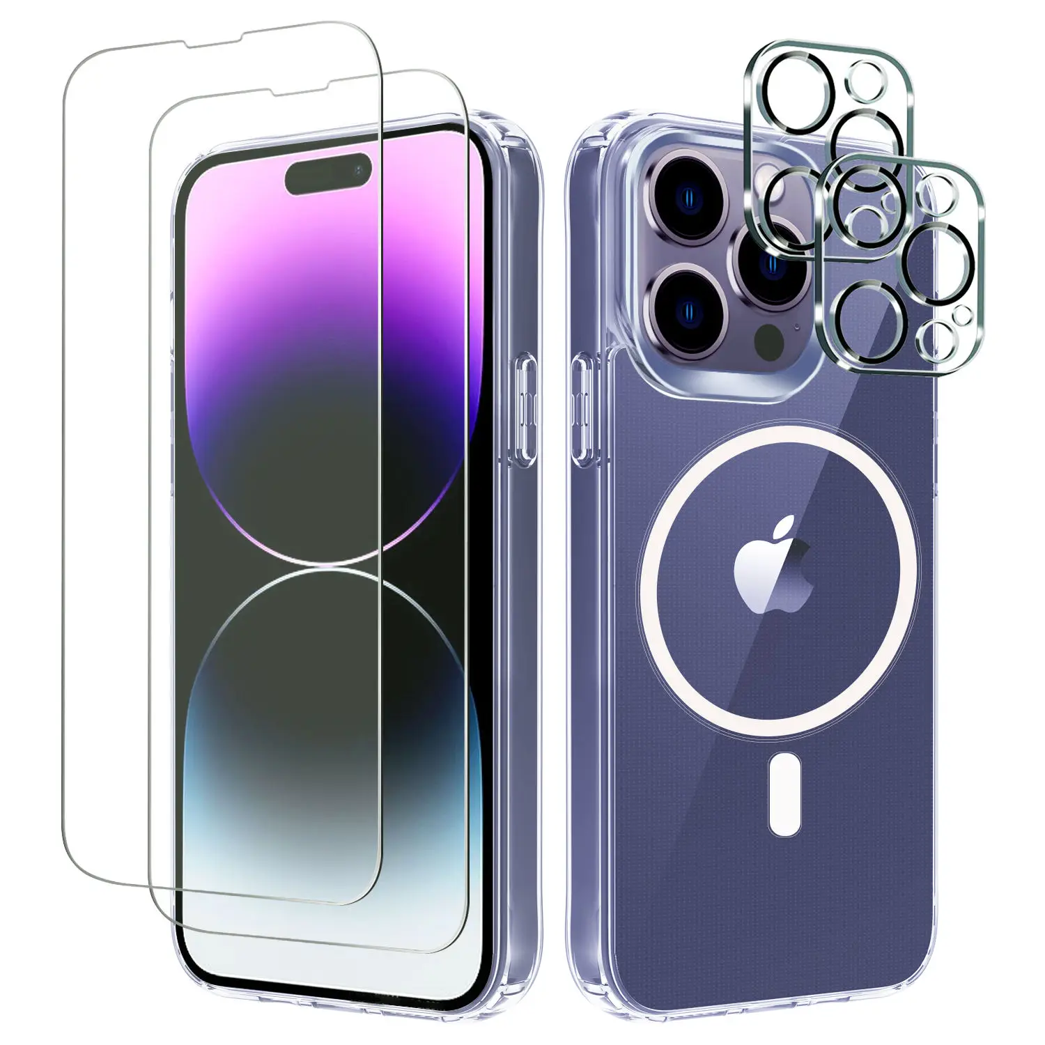 

5 in 1 Magnetic Clear for iPhone 14 Pro Case 2 Pack Tempered Glass Screen Protector Camera Lens Protective for iPhone 14