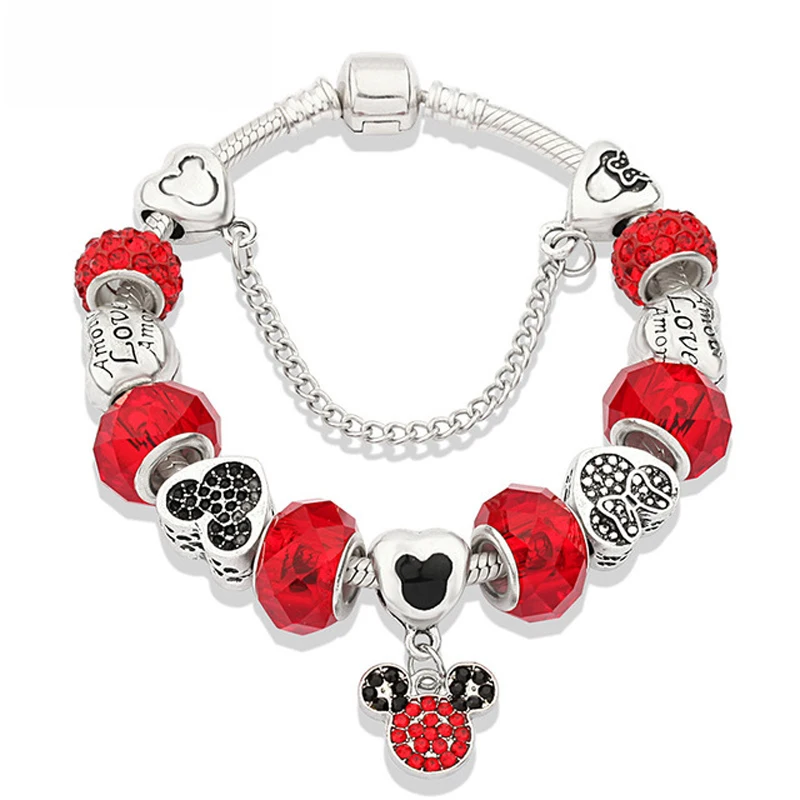 

Red Crystal Beaded Bracelet Mickey Minnie DIY Charm Bracelet Girl Gift Bracelet