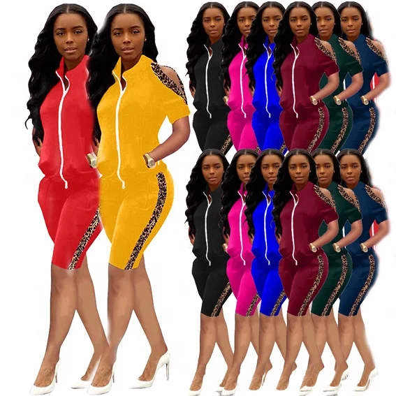 

QC Summer leopard patchwork shorts sets clothing sports casual off the shoulder zipper 2 piece set women