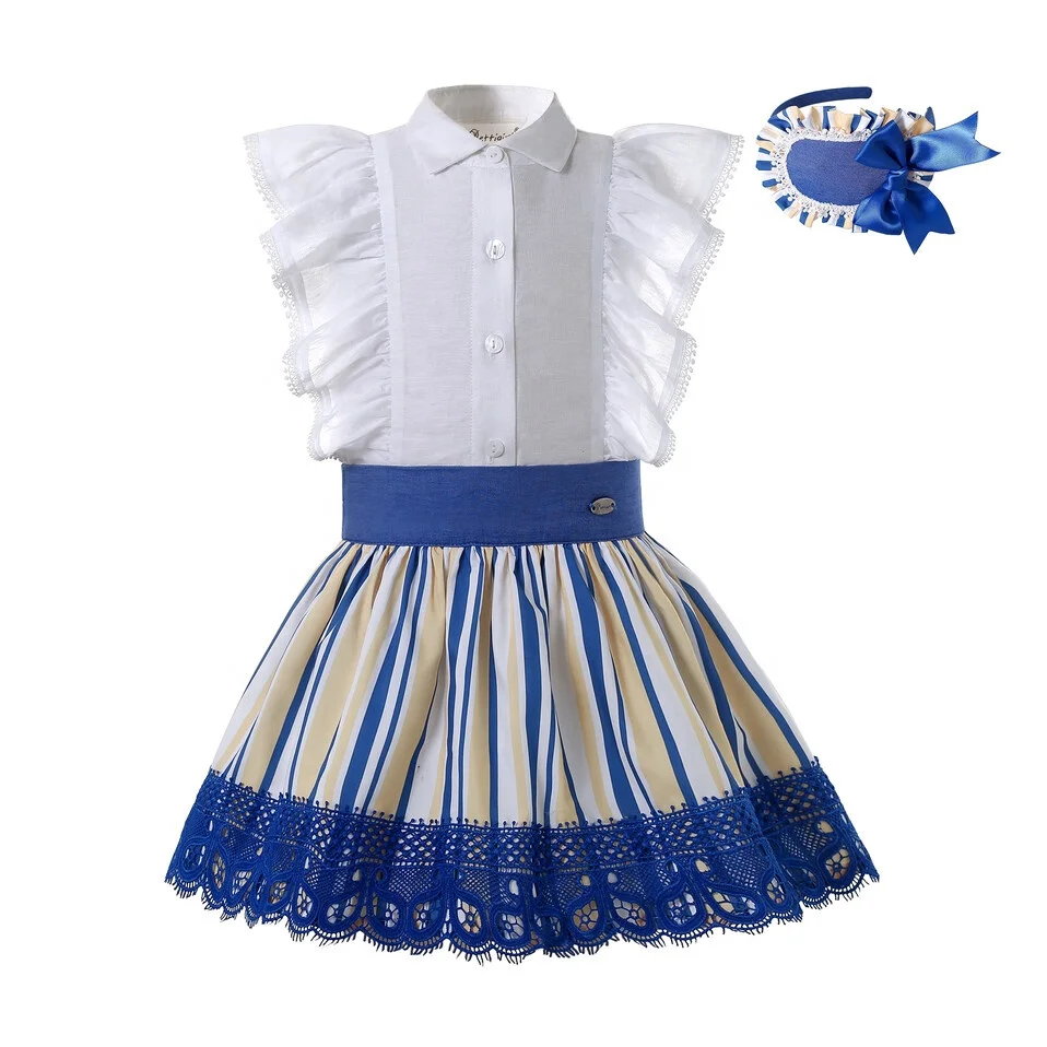 

Pettigirl Blue Sibling Matching Girl Outfit Sets Pretty Little Girl Clothes Fly Sleeves Blouse And A Skirt with a Headbow