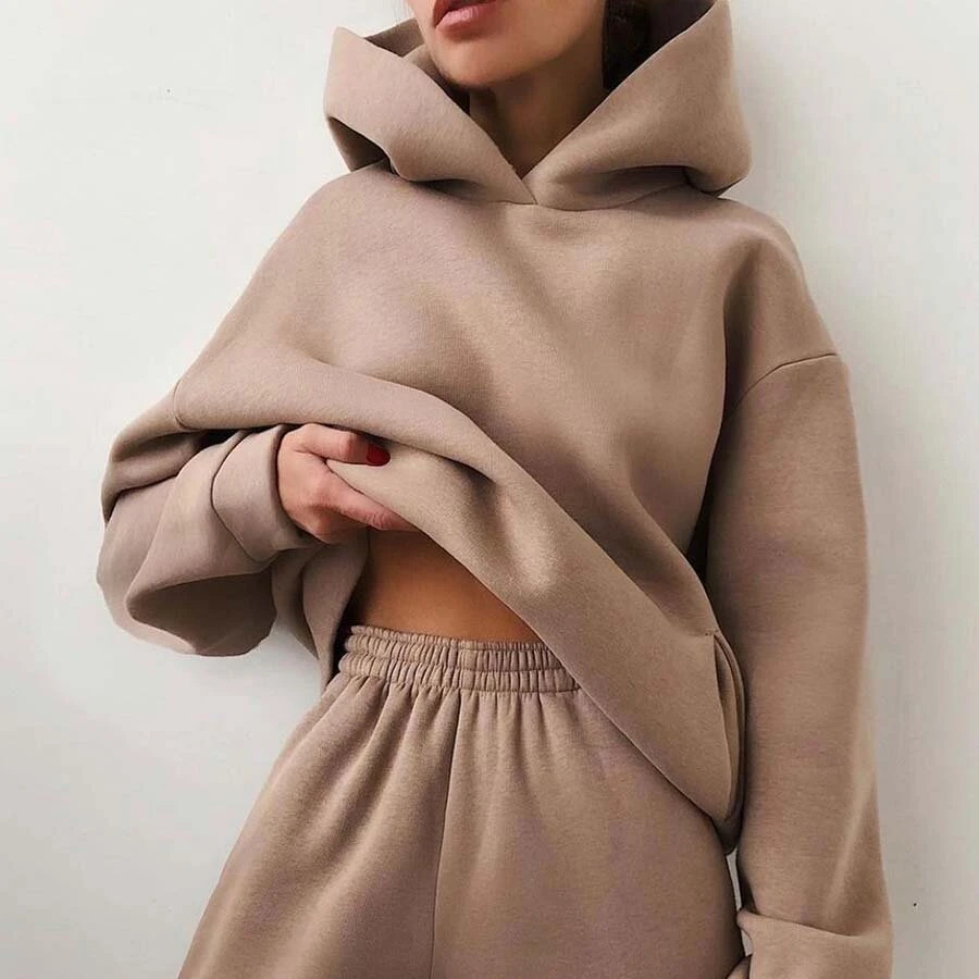 

Casual Plain Jogger Sweatpants Crop Thick Wool Pullover Hoodie Two Piece Set Women Loose Long Pant Sports Suit, As picture or customized color