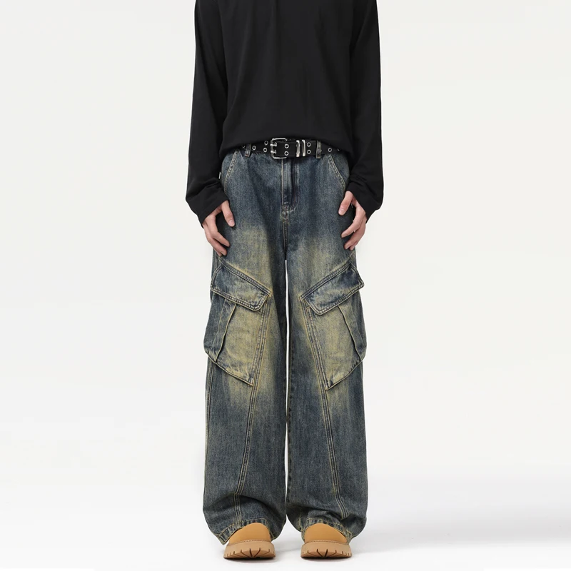 Vintage Solid Pattern Straight Cargo Men Embroidered Breathable Denim Trousers Multiple Pockets Casual Heavyweight Washed Winter