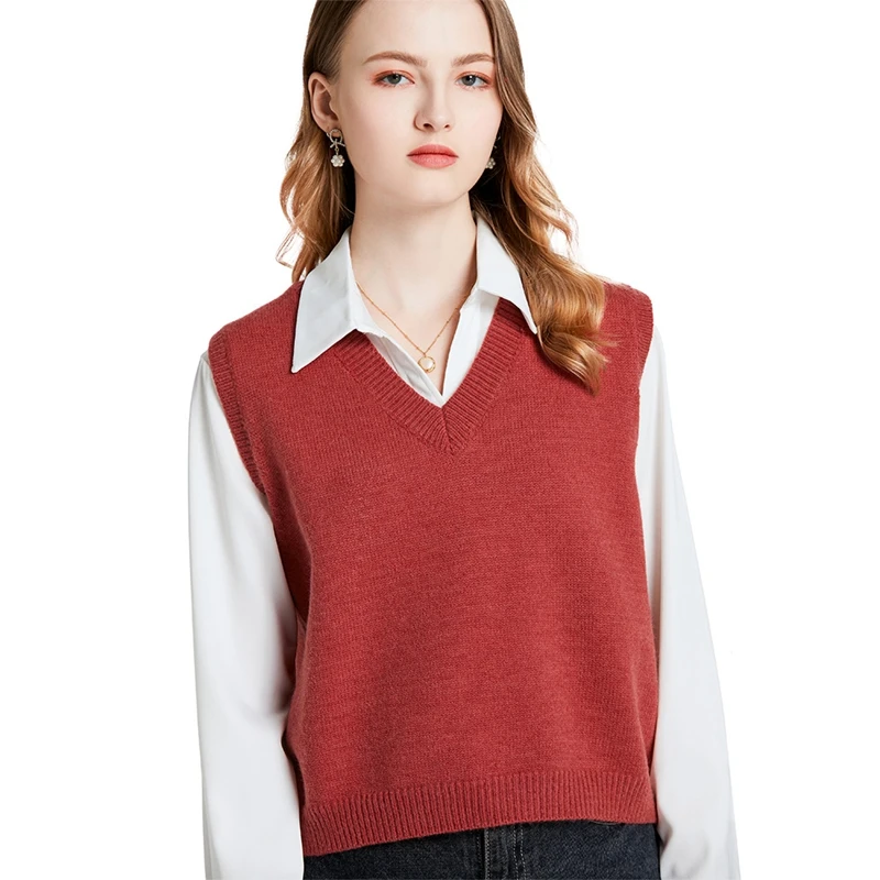 

2021 Fall New arrival solid plain color knitted sweater OEM casual custom top V-neck sleeveless sweater vest for women