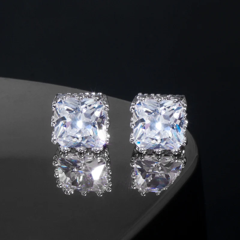 8mm Fashion Brand New Design Stunning White Gold Color Square Crown Cubic Zircon Big Stud Earrings for Women CZ Jewelry