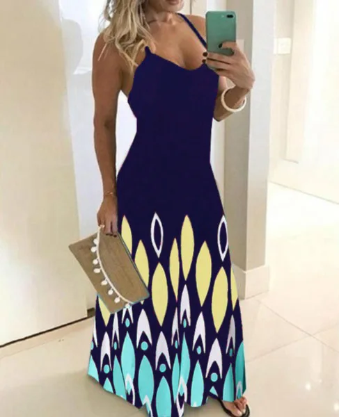 

Summer one piece dresses women garments flower print strap sleeveless maxi dress, Picture