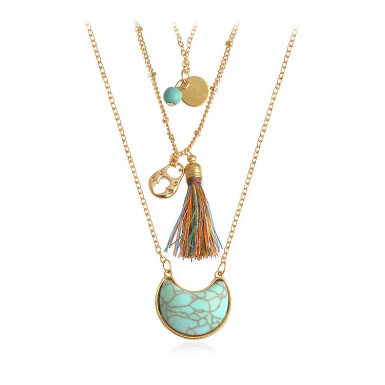 

Bohemian ethnic style turquoise multilayer necklace silk thread tassel moon pendant clavicle chain factory direct sales, Picture shows