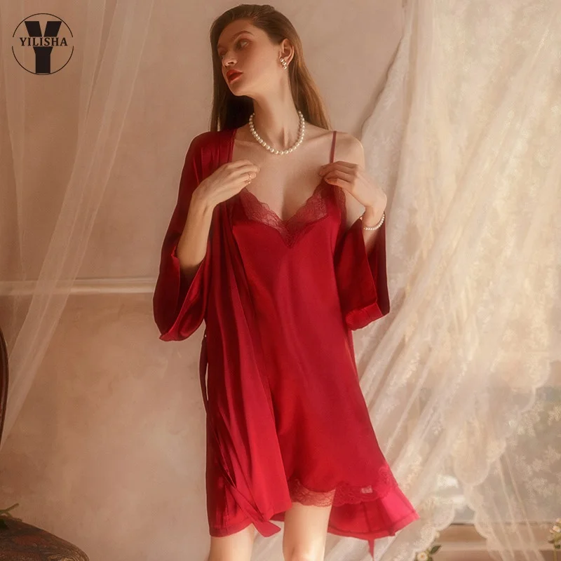 

Yilisha Autumn V-neckline Underwear Comfortable Lingerie Satin Lace Chemise Nightgown Sexy Women's Pajamas Set, Customized color
