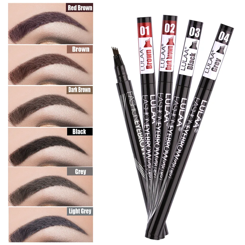 

LULAA Waterproof Natural Fork Tip Eyebrow Pencil Four Heads Eyebrow Tattoo Pen Fine Sketch Liquid Long Lasting Eyebrow Enhancers, Dark brown,brown, grey, black